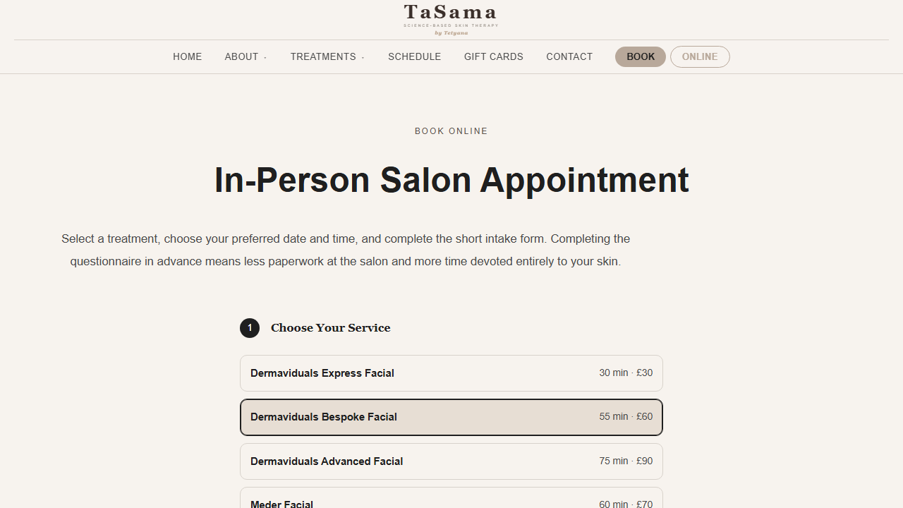 Salon booking flow — treatment selection with prices and duration