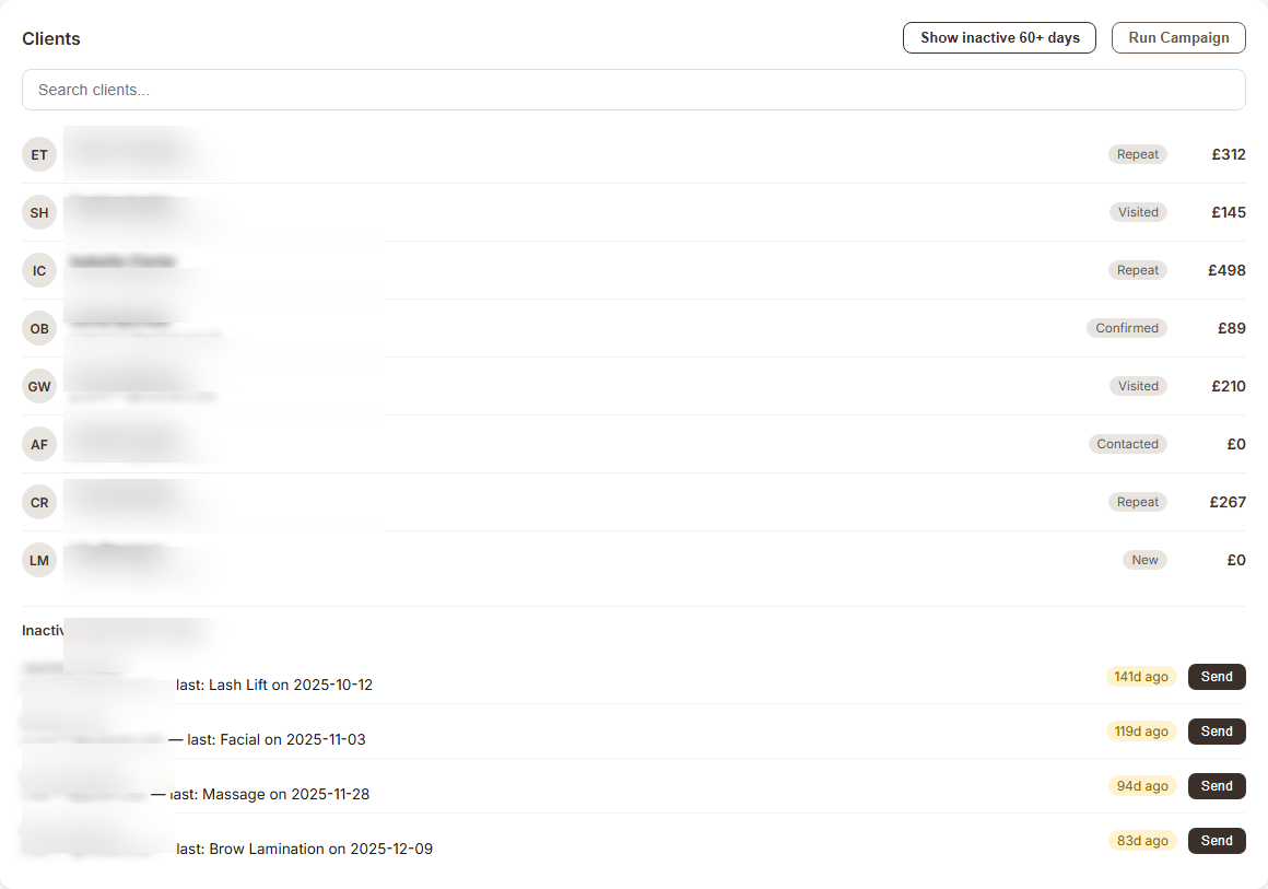 TaSama CRM — inactive client panel with AI reactivation