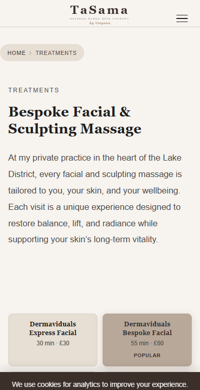 TaSama mobile — treatment catalogue with booking integration